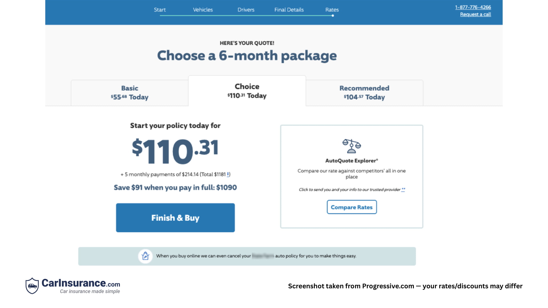 Auto insurance quote from Progressive showing a monthly premium