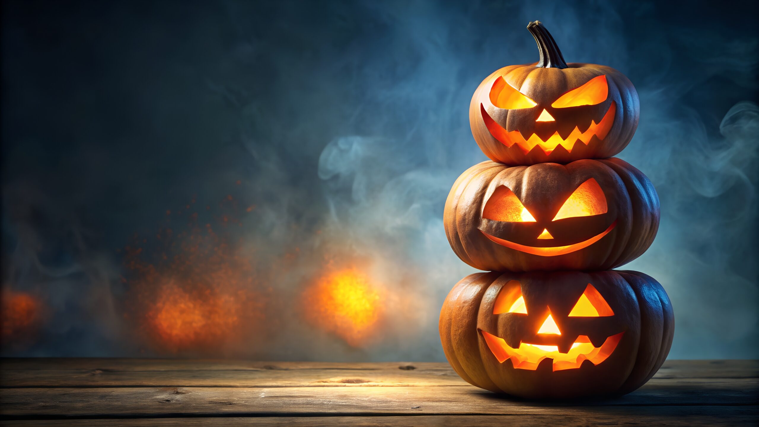 A stack of three carved halloween pumpkins with glowing orange lights, creating a spooky and atmospheric scene on a rustic wooden table at night with smoke.