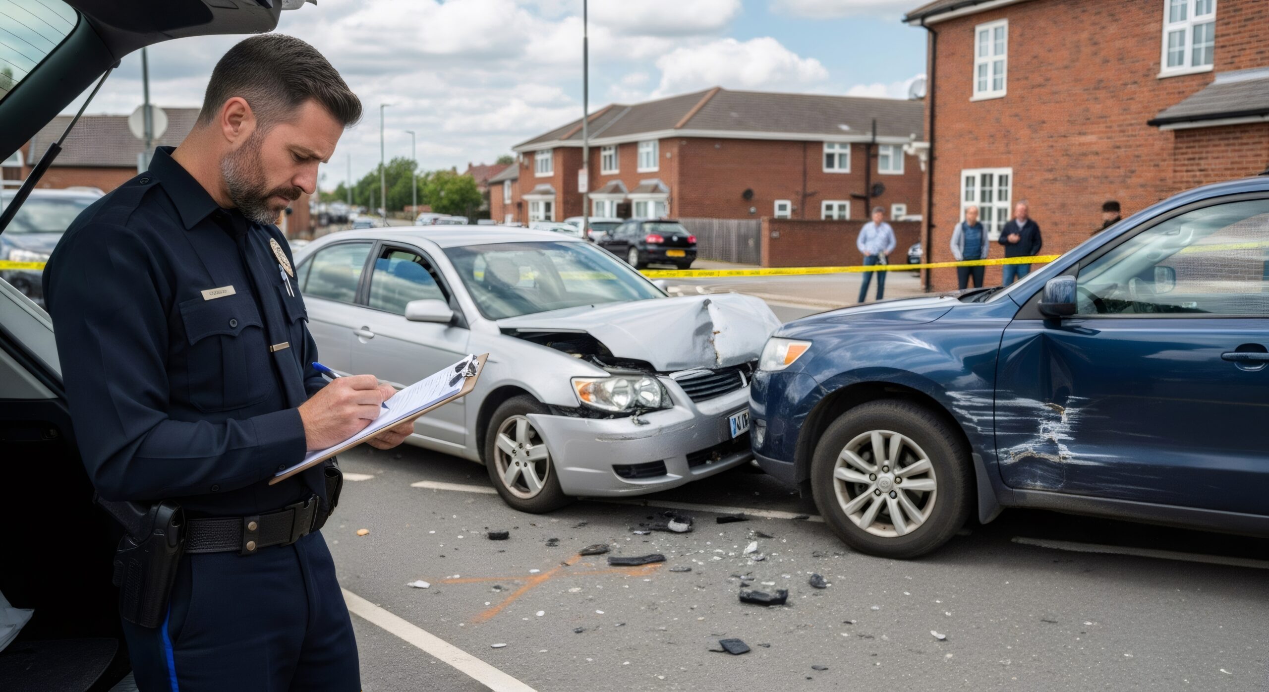 A police officer writes a report at the scene of a car accident.