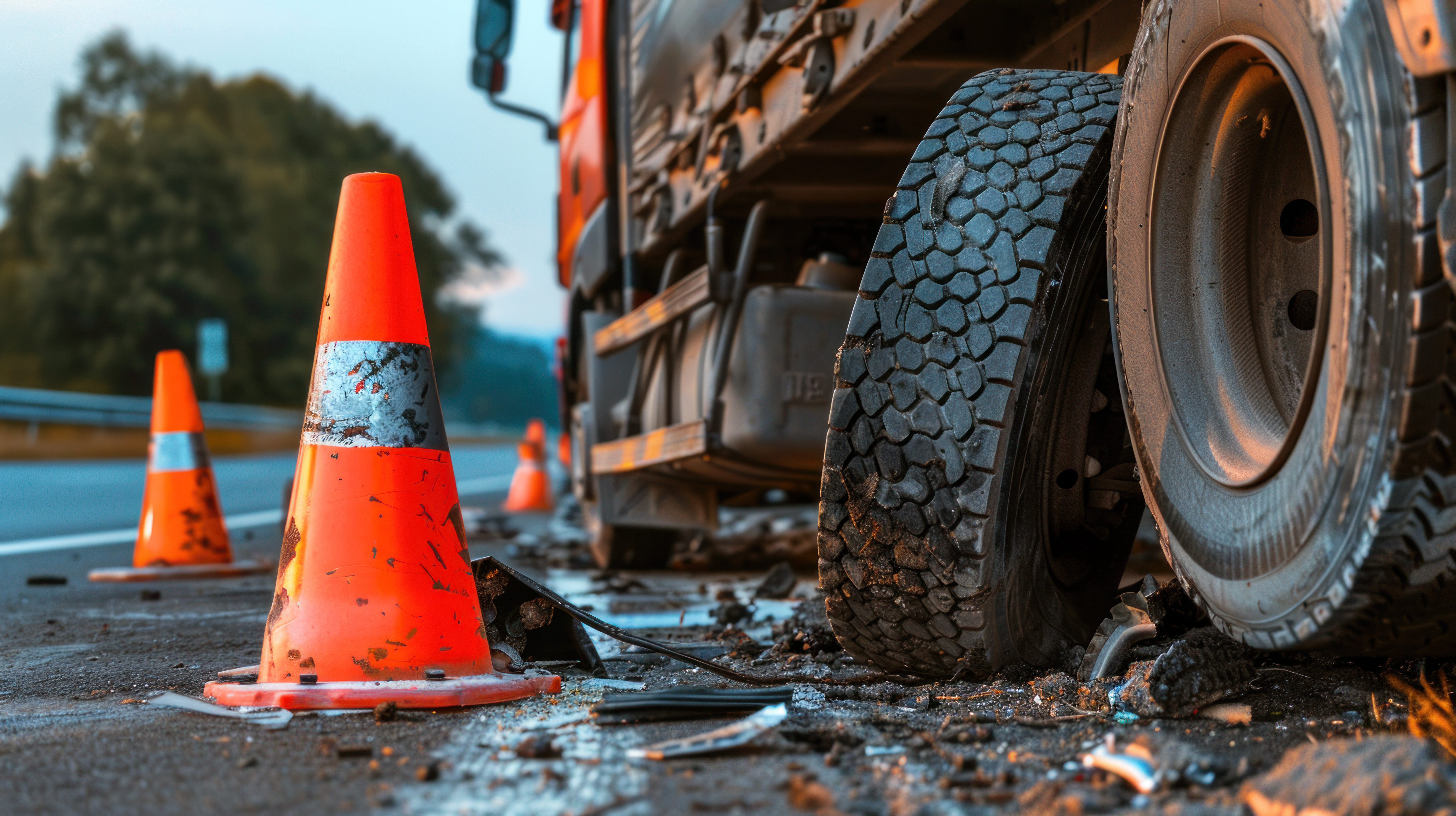 A truck with a blown tire and visible damage on the side of the road with hazard cones around it.
