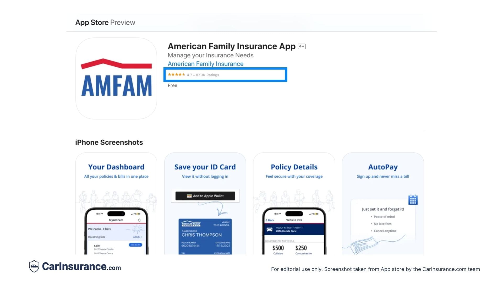 Screenshot showing American Family Insurance app ratings and reviews on the Apple App Store