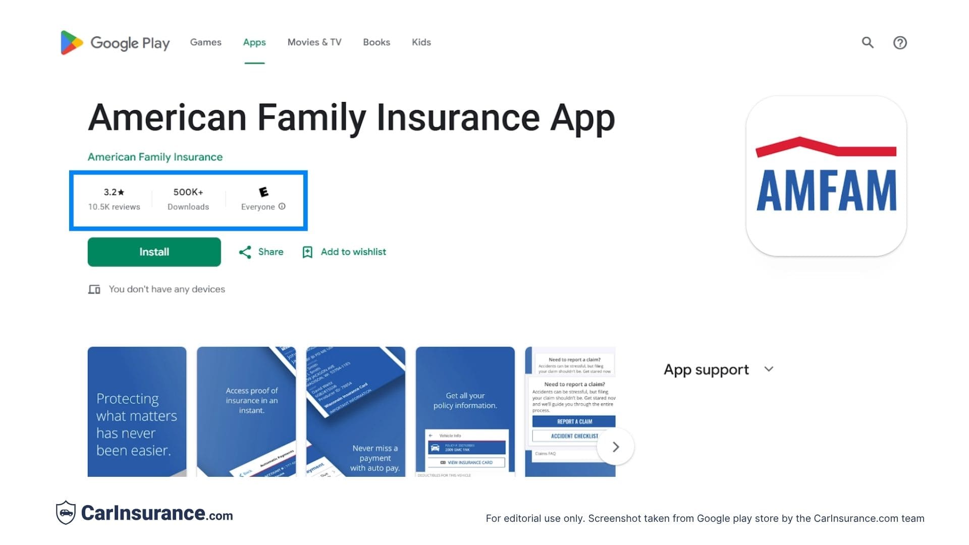 Screenshot showing American Family Insurance app ratings and reviews on the Google Play Store