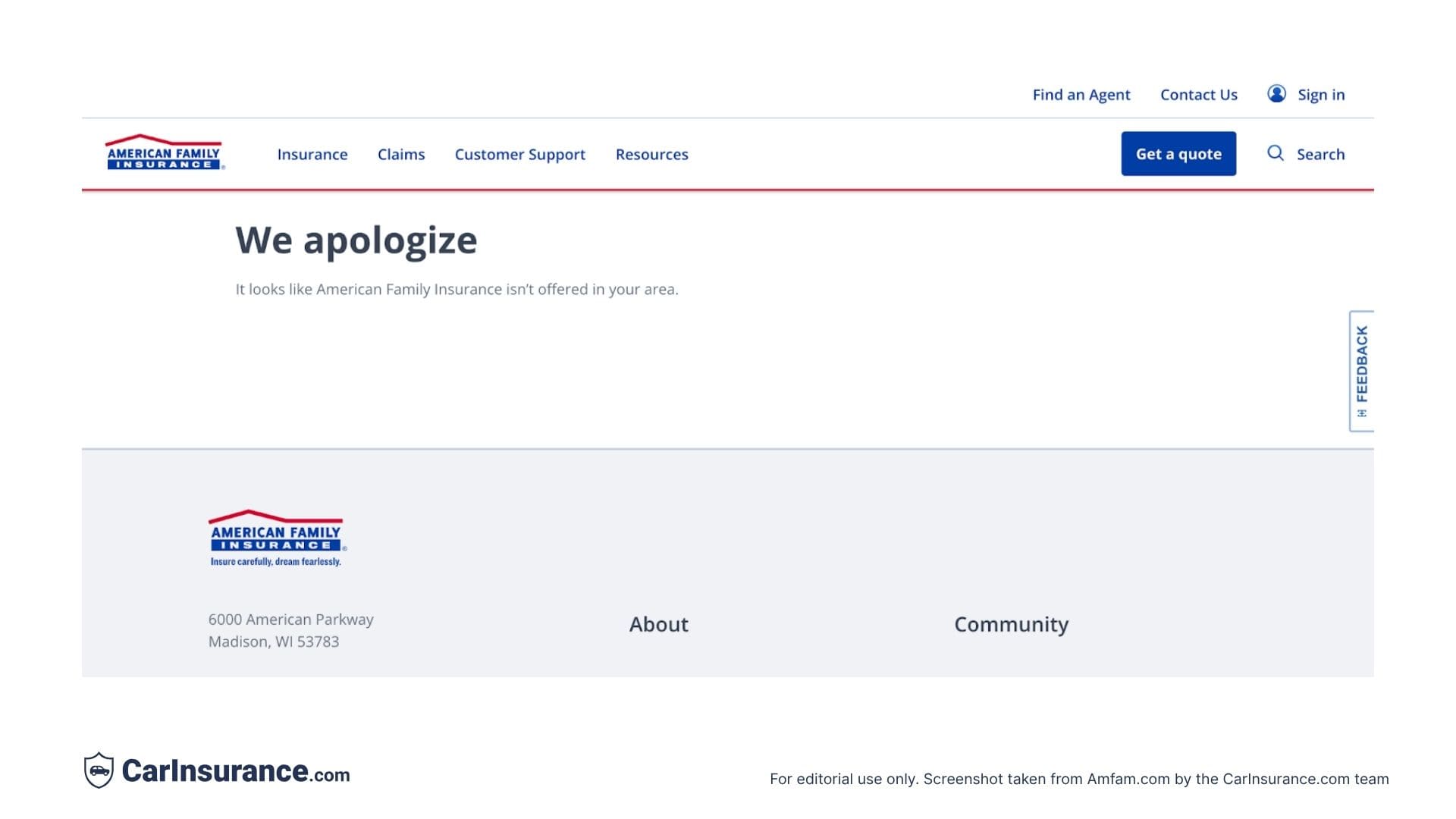 Screenshot from American Family Insurance showing message that coverage isn’t offered in my area