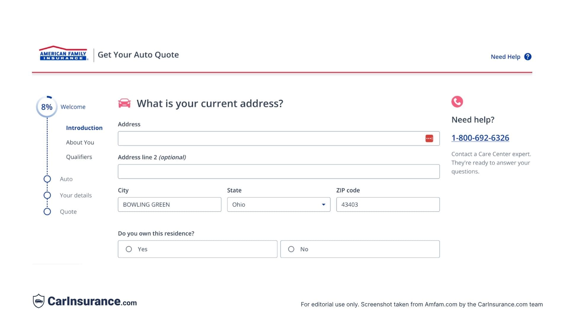 American Family Insurance online quote start screen 1