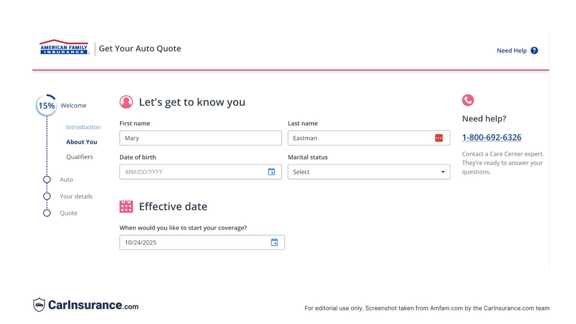American Family Insurance online quote start screen 2