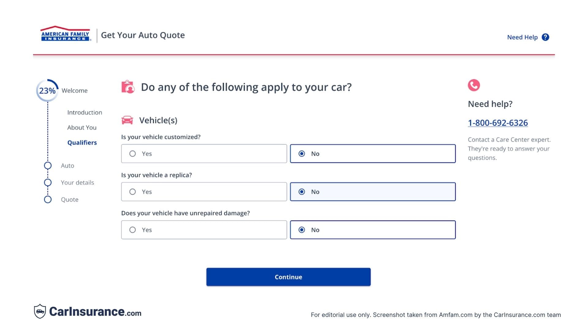 American Family Insurance online quote start screen 3