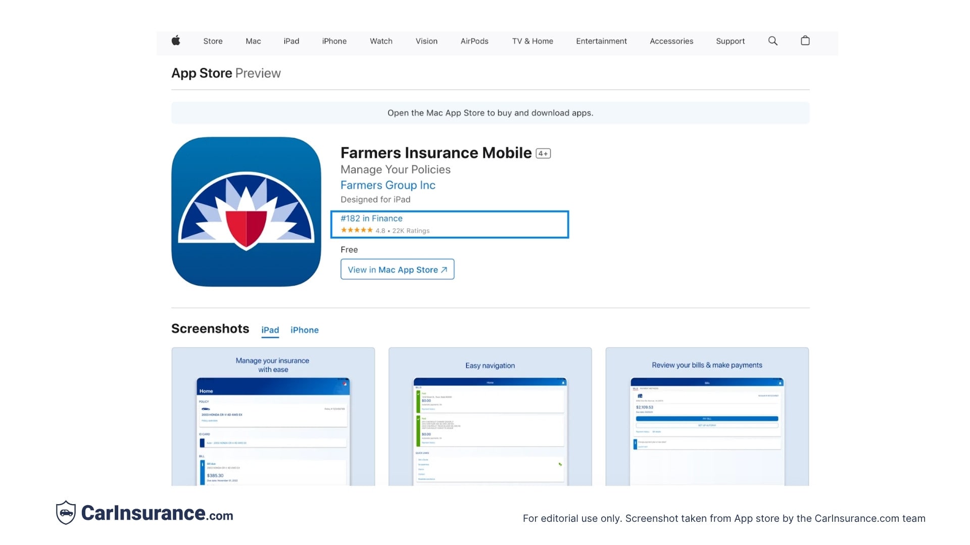 Screenshot showing Farmers Insurance app ratings and reviews on the Apple App Store