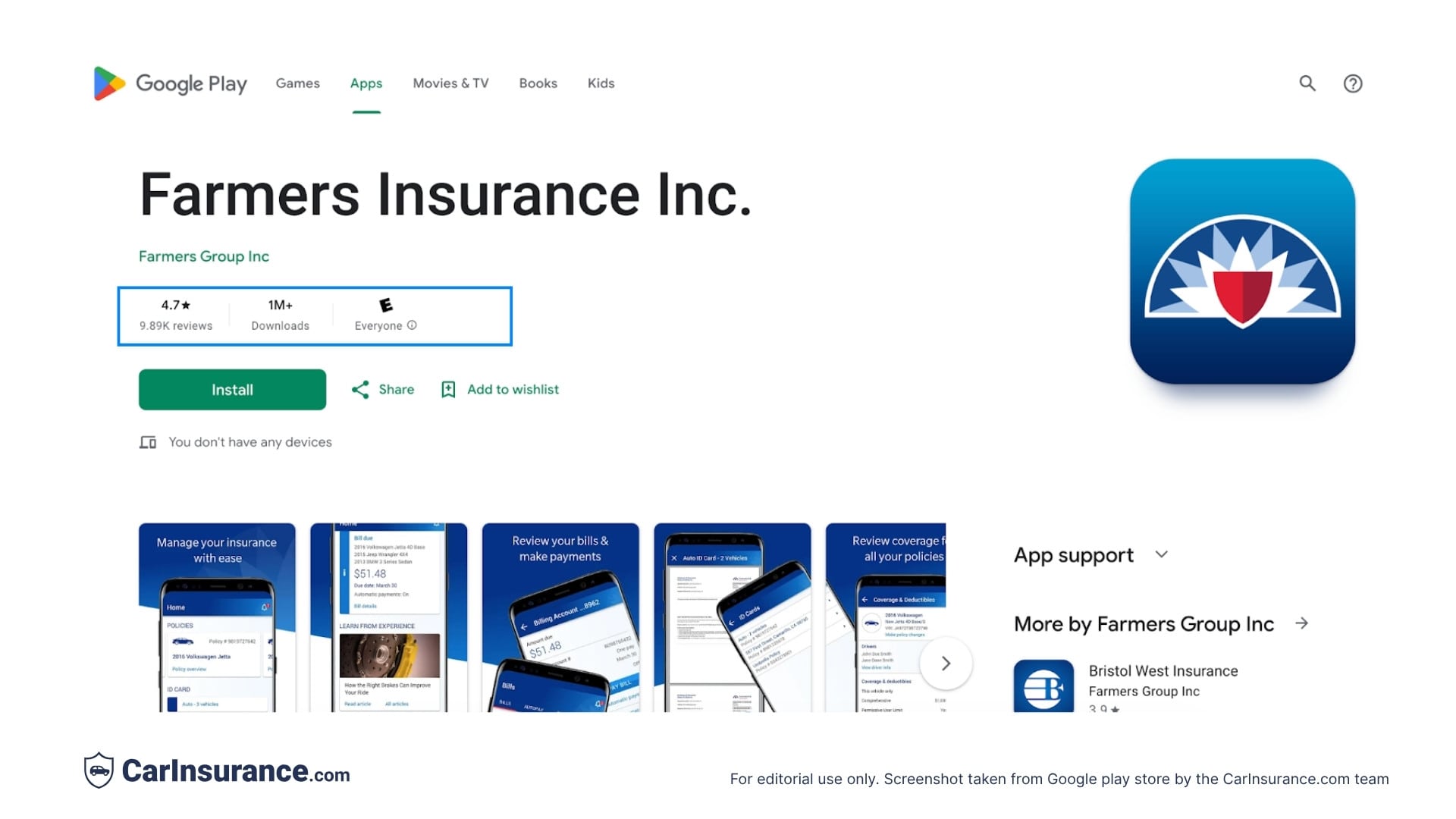 Screenshot showing Farmers Insurance app ratings and reviews on the Google Play Store