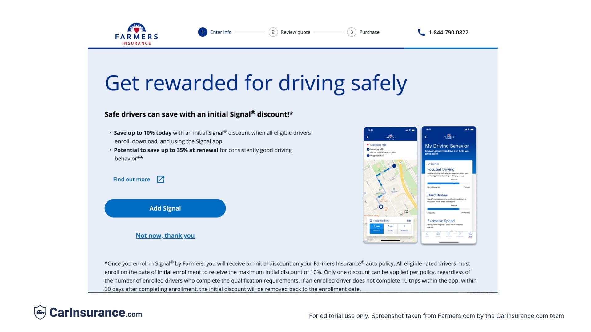 Screenshot showing discount options during the online quote process