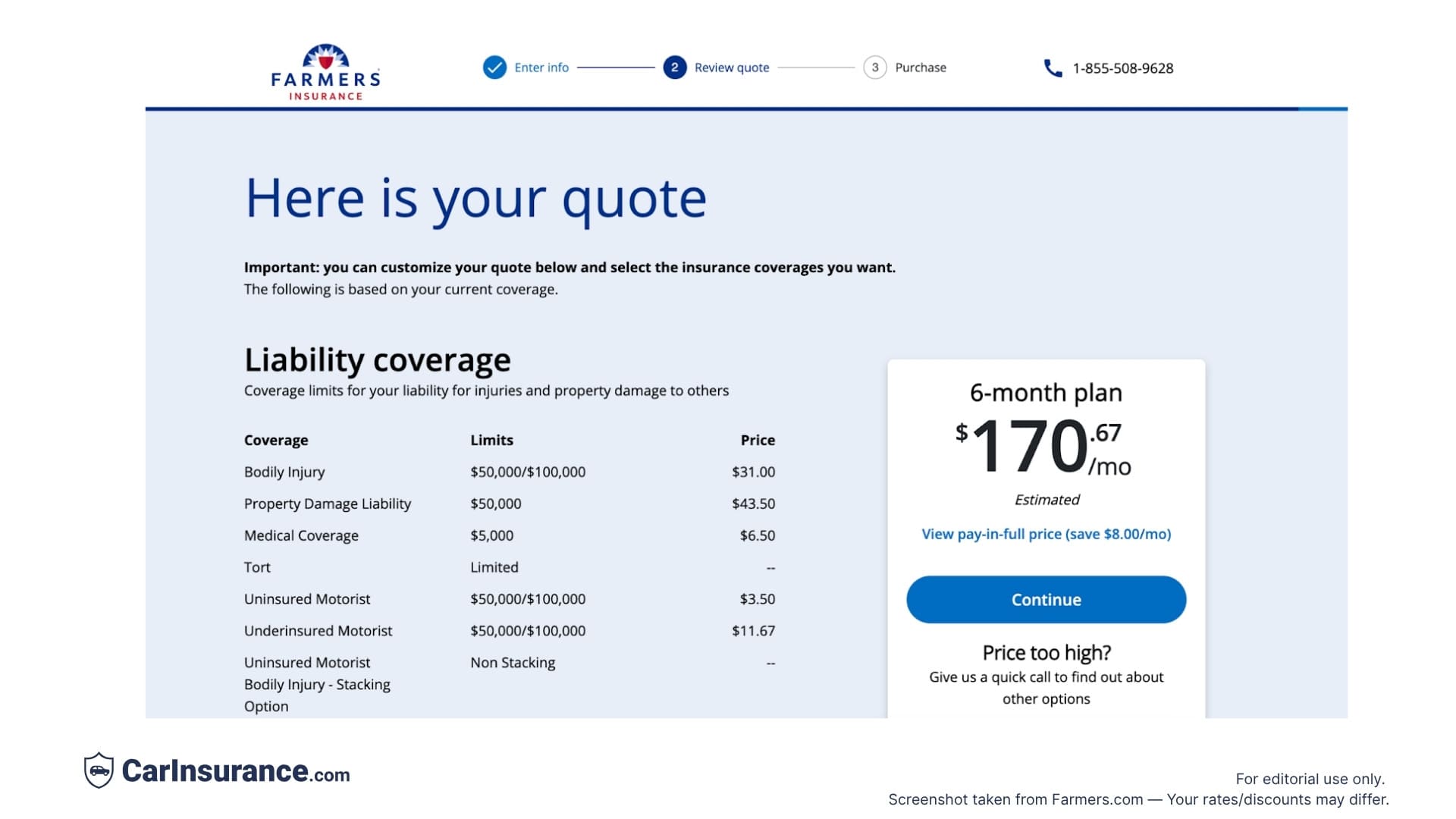 Screenshot from Farmers Insurance showing the quotes