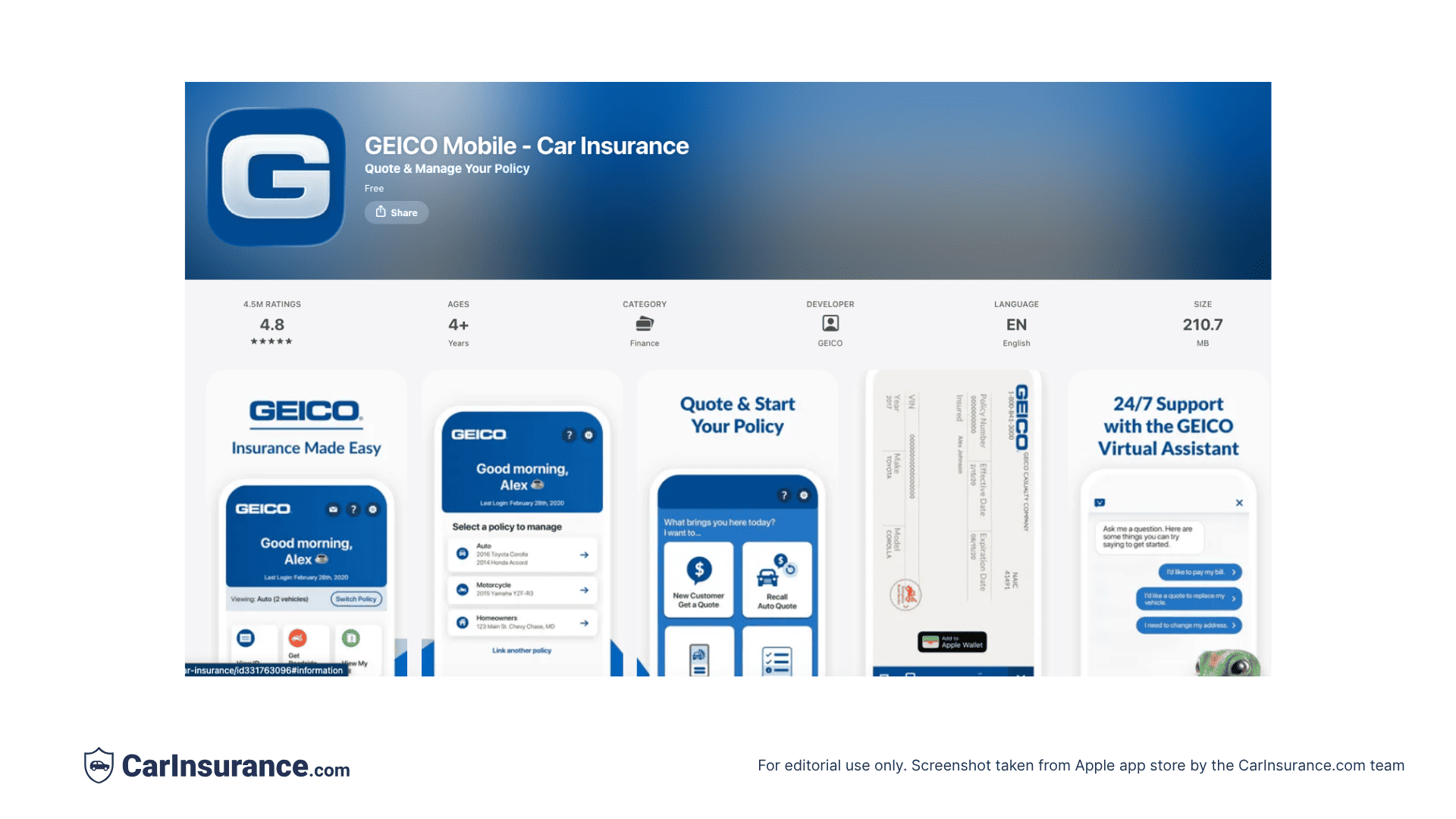 Screenshot showing GEICO app ratings and reviews on the Apple App Store