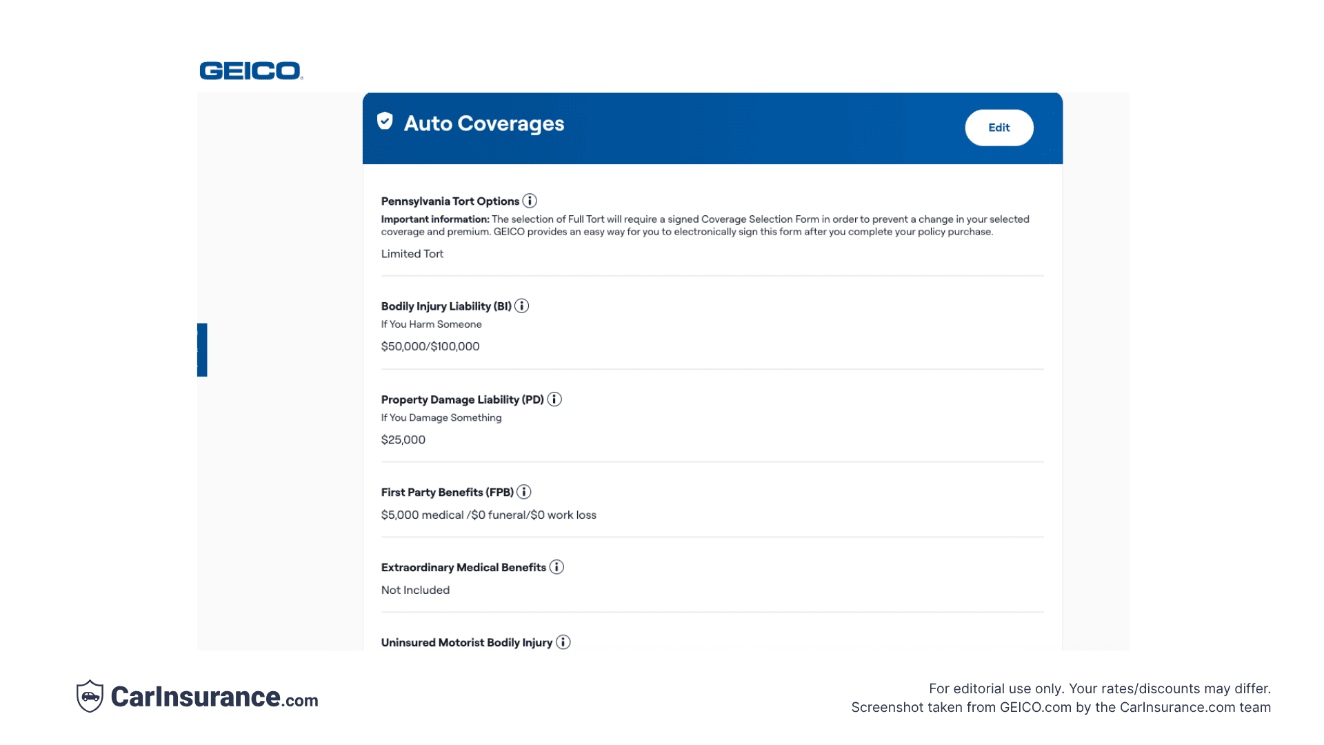 Screenshot from GEICO showing coverage details for the quote