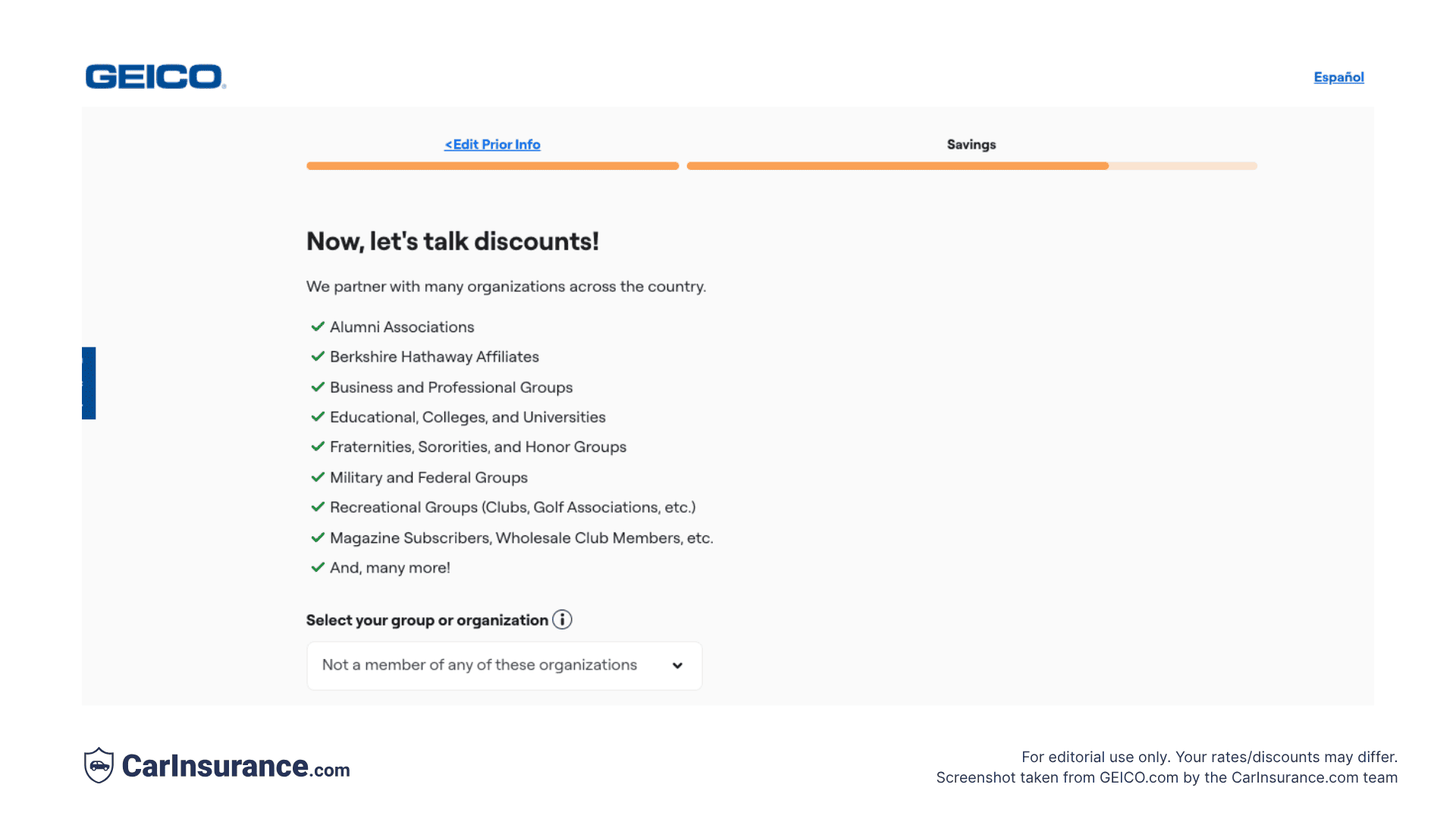 Screenshot from GEICO showing savings and discount options