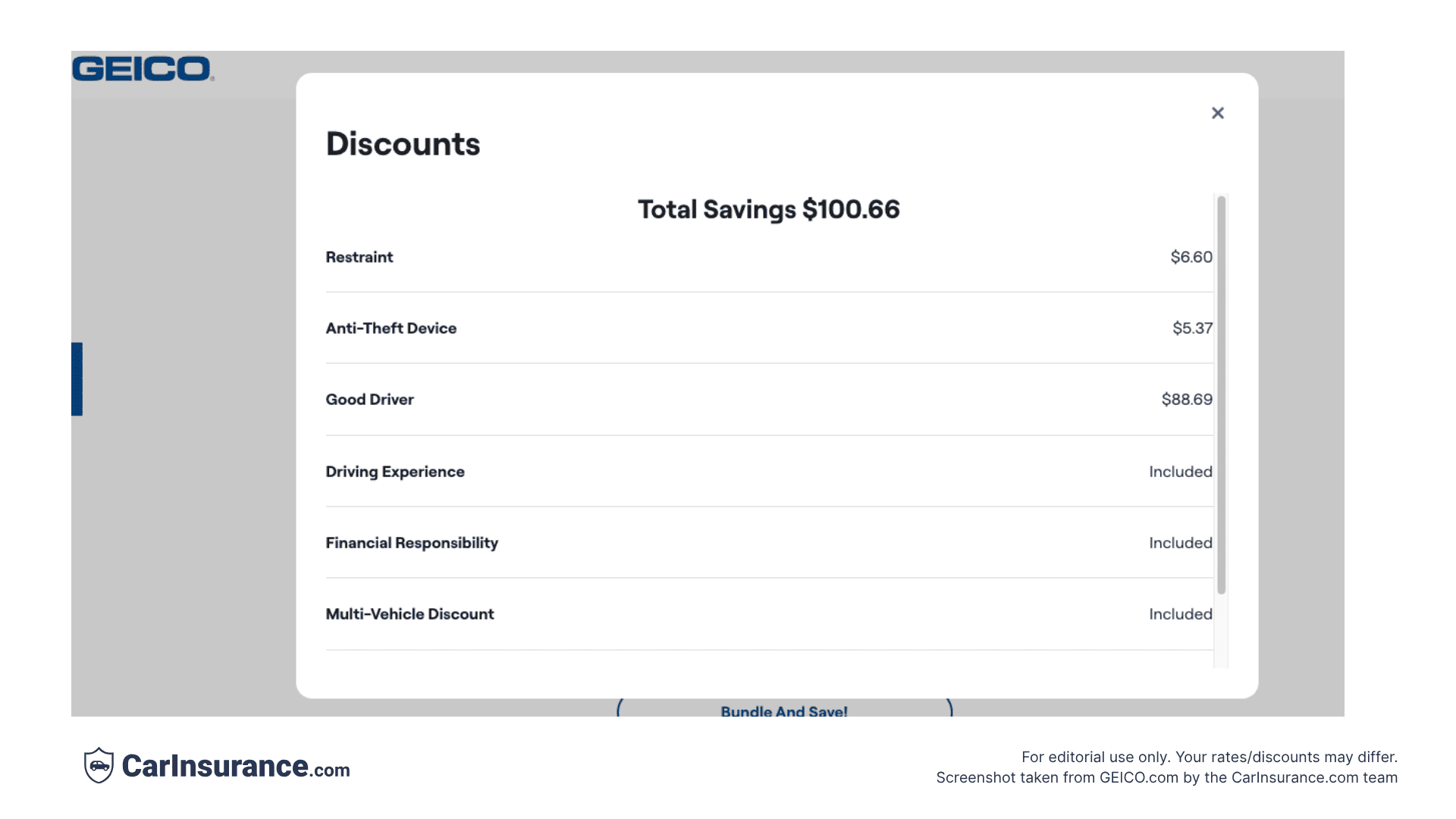 Screenshot from GEICO showing savings breakdown for the quote