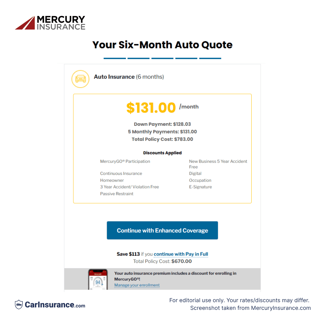 Mercury Insurance quote results — editorial experience