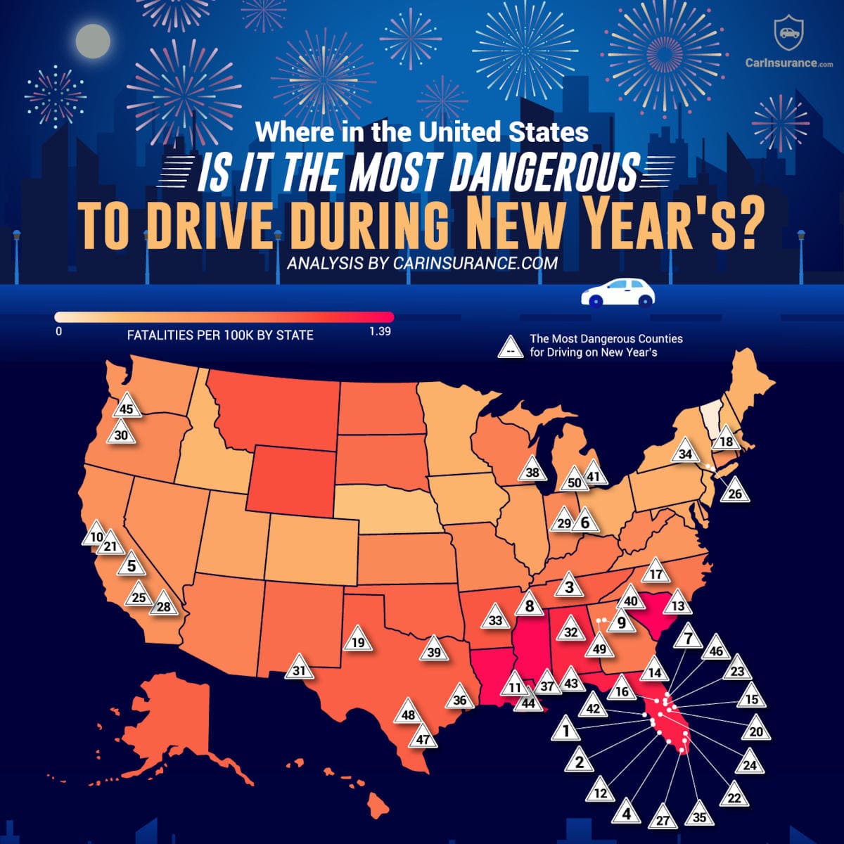 Infographic showing the most dangerous places for driving during New Years in the United States