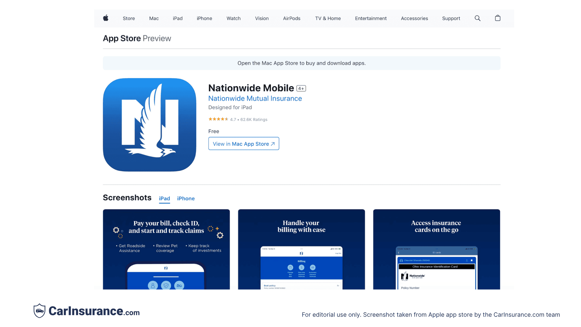 Screenshot showing Nationwide Insurance app ratings and reviews on the Apple App Store