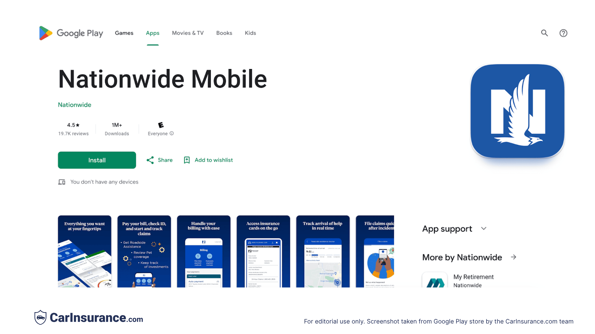 Screenshot showing Nationwide Insurance app ratings and reviews on the Google Play Store
