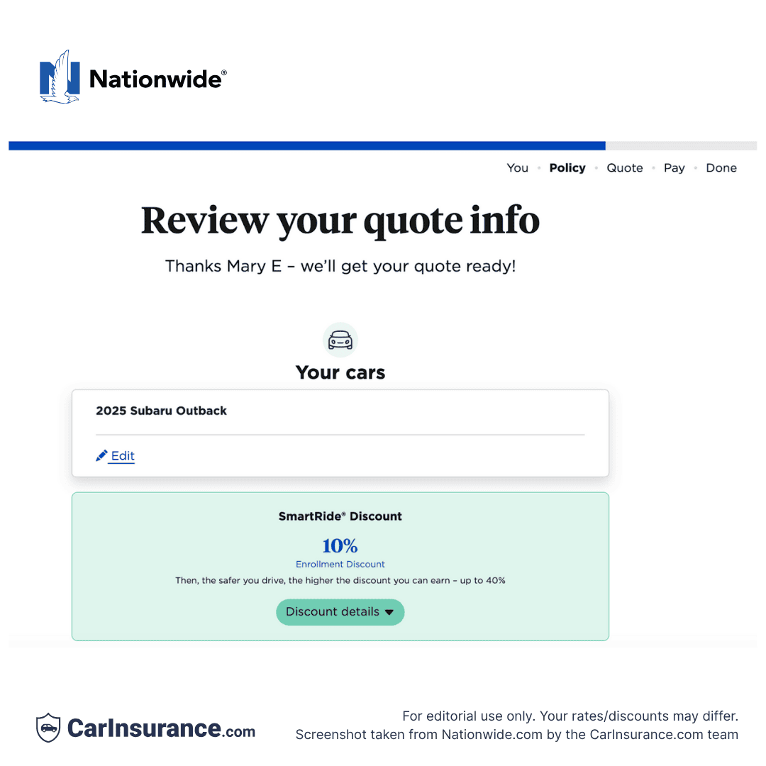 Screenshot from Nationwide showing available discount options during online quote process