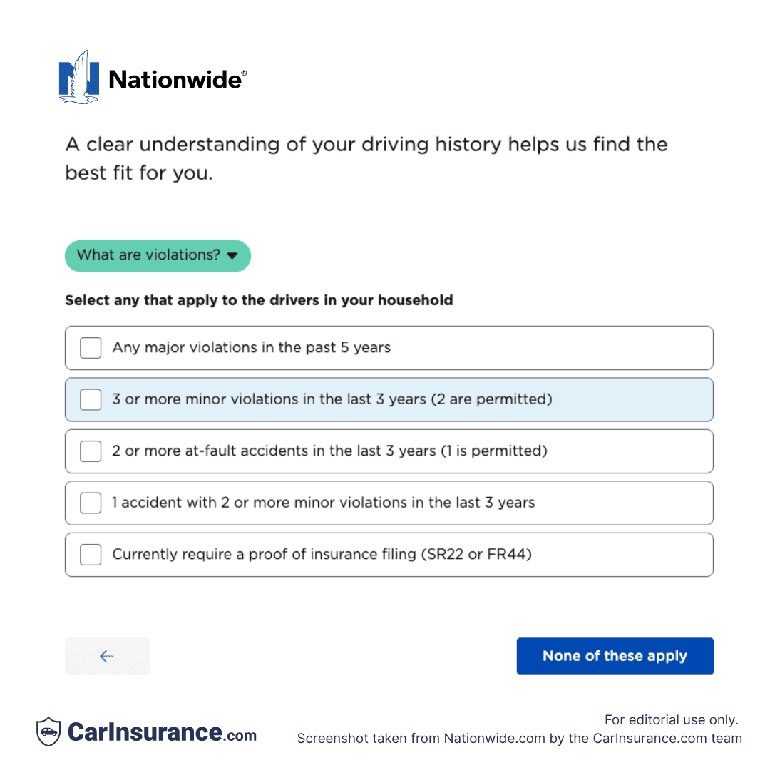 Screenshot from Nationwide while entering driving history details during online quote process