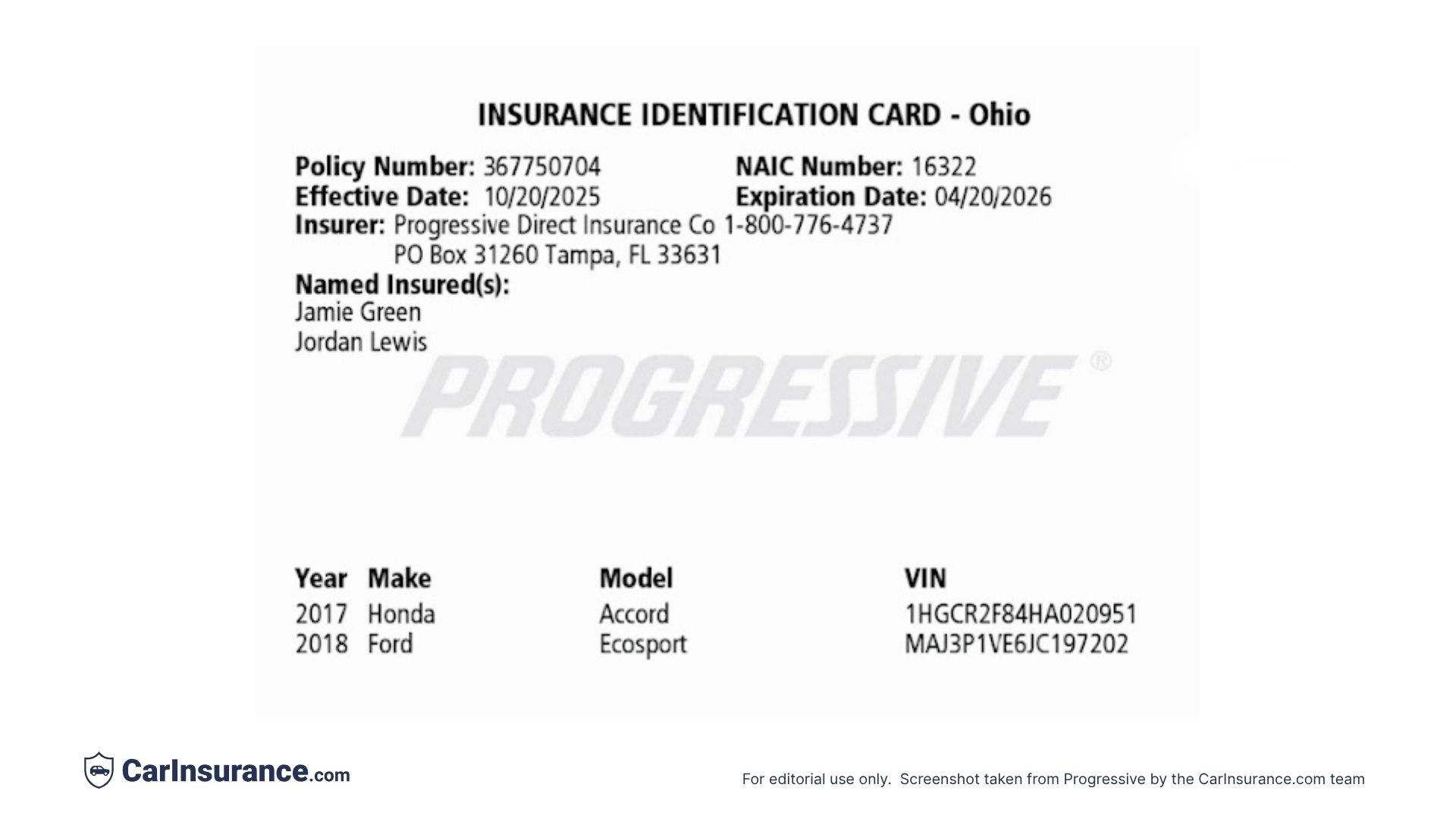 Sample progressive car insurance id card ohio