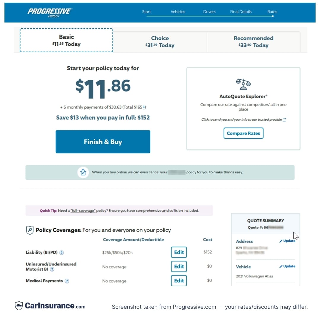 Progressive auto insurance quote results shown as experienced by CarInsurance.com editors.