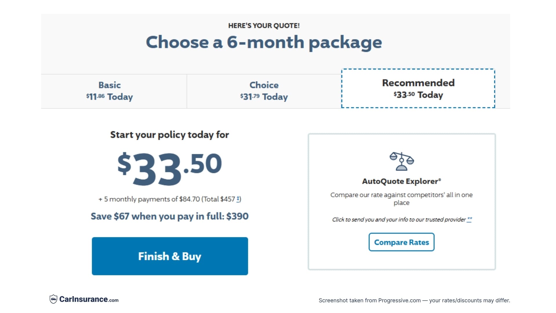 Recommended section of Progressive auto insurance quote results shown as experienced by CarInsurance.com editors.