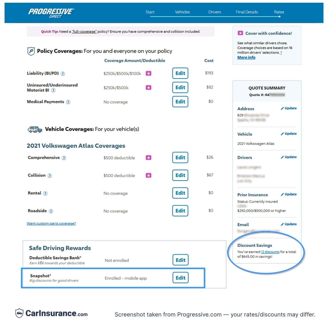Discount section of Progressive auto insurance quote results shown as experienced by CarInsurance.com editors.