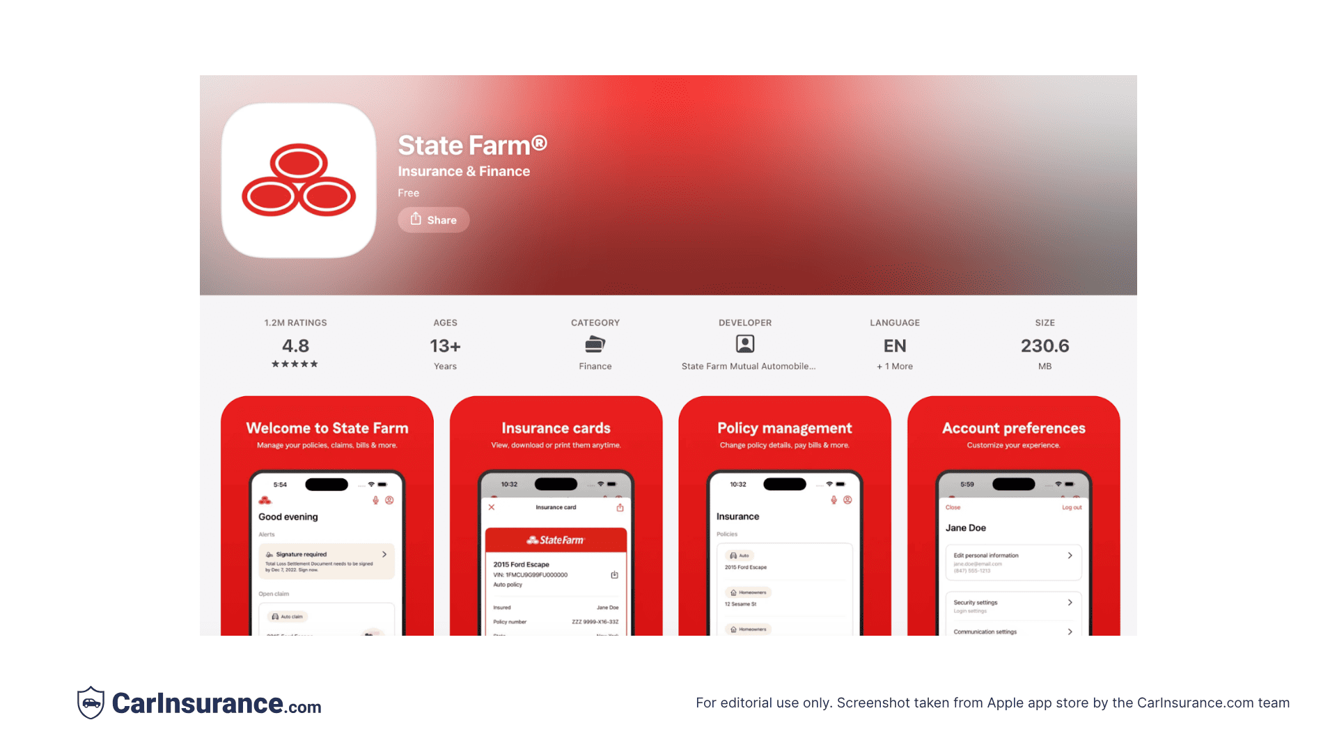 Screenshot showing State Farm app ratings and reviews on the Apple App Store