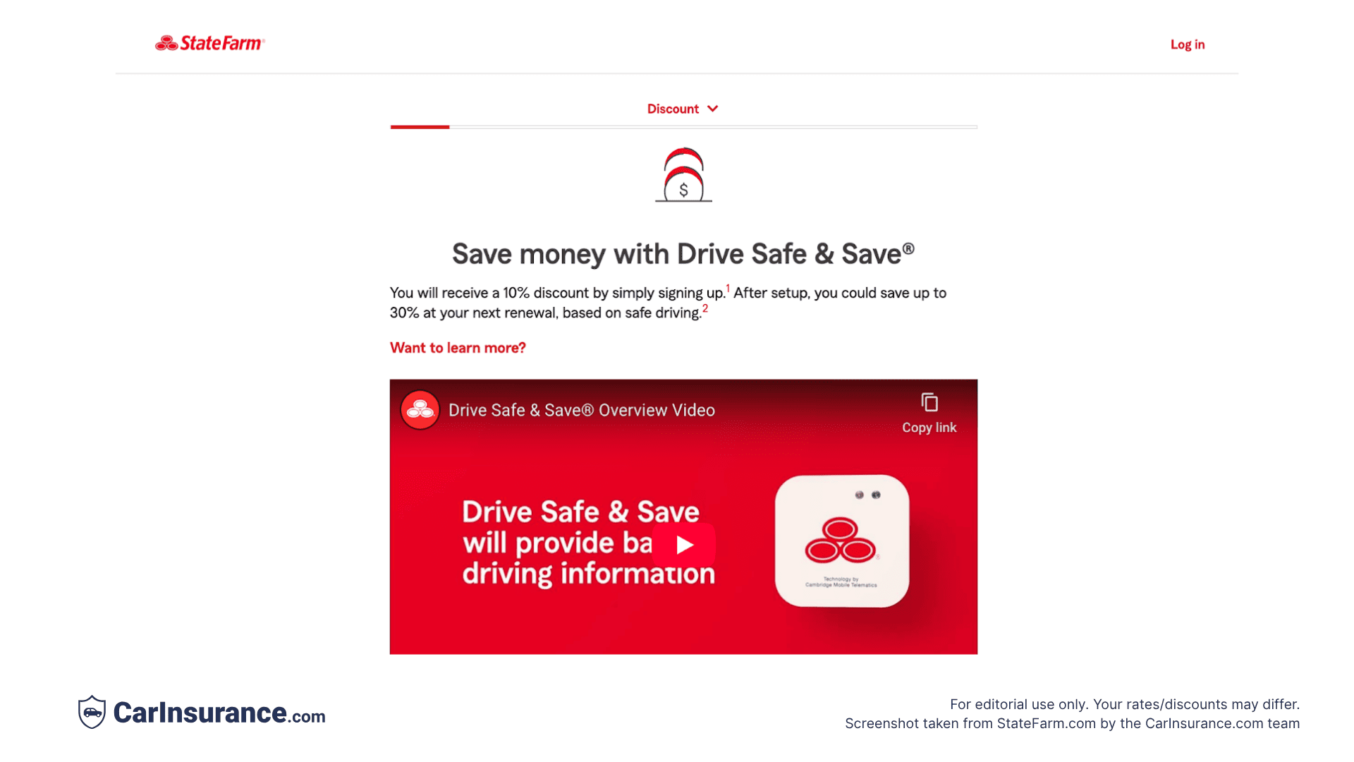 Screenshot from State Farm showing available discounts during online quote process