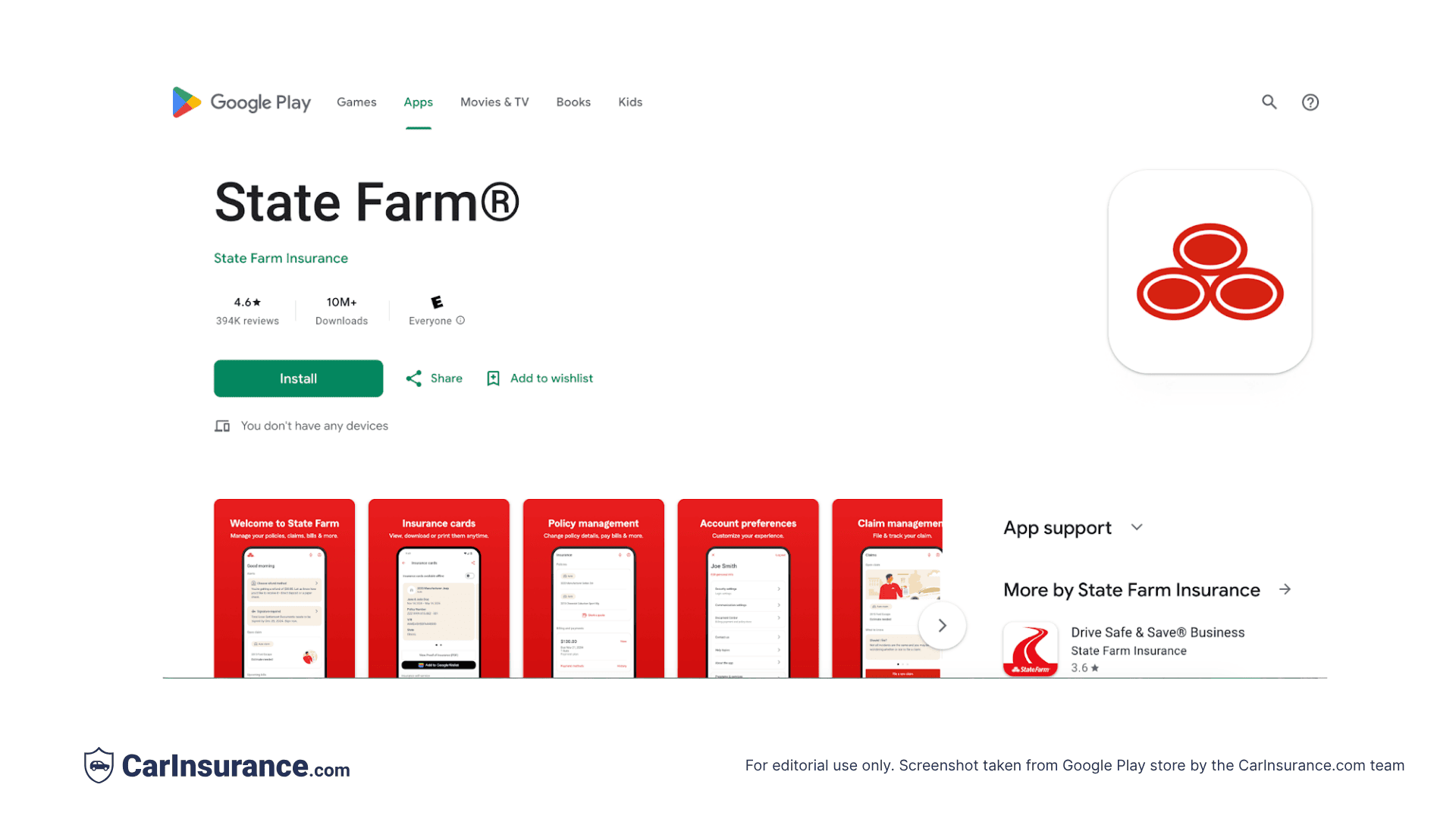 Screenshot showing State Farm app ratings and reviews on the Google Play Store