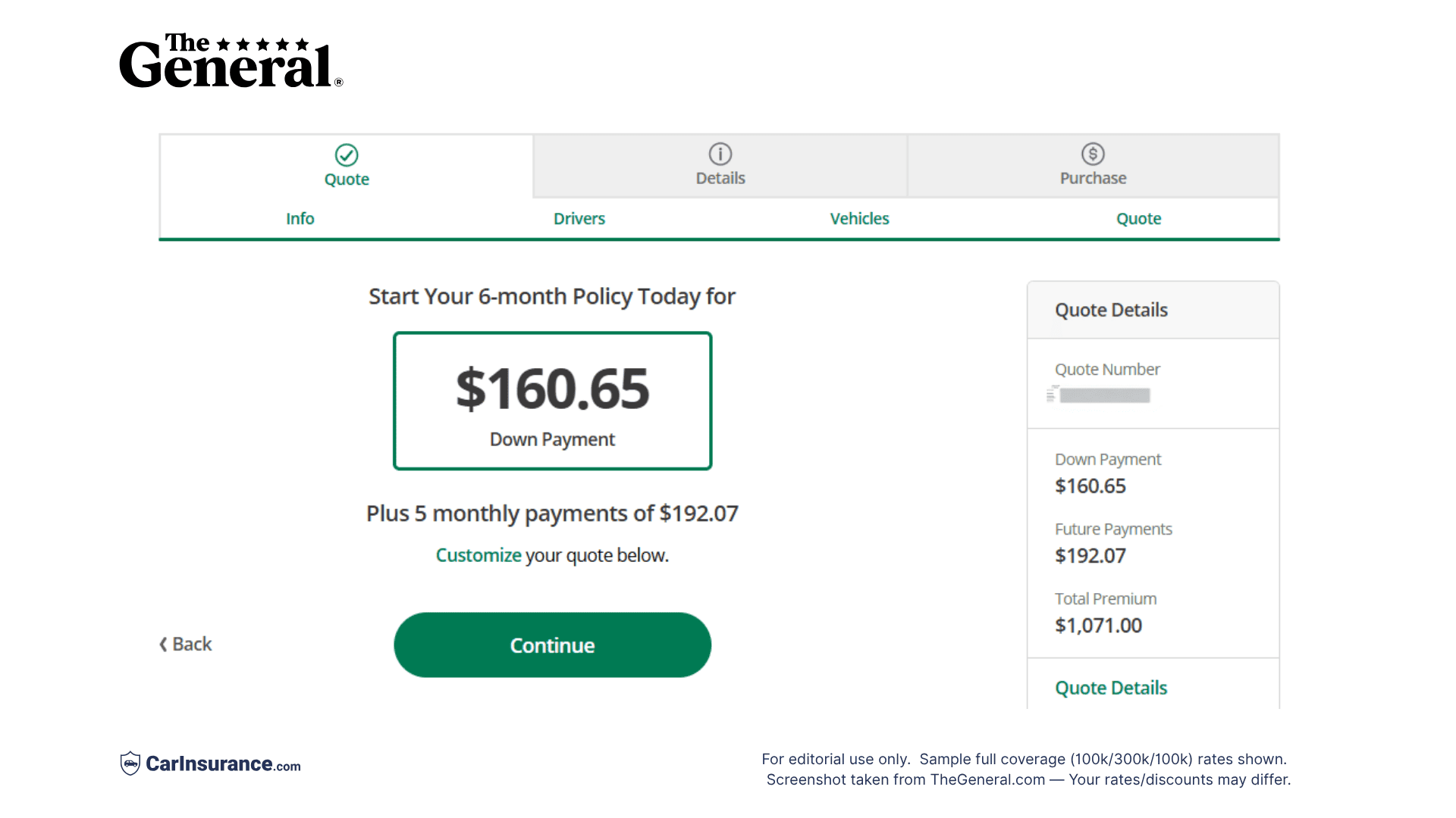 The General auto insurance quote results - full coverage