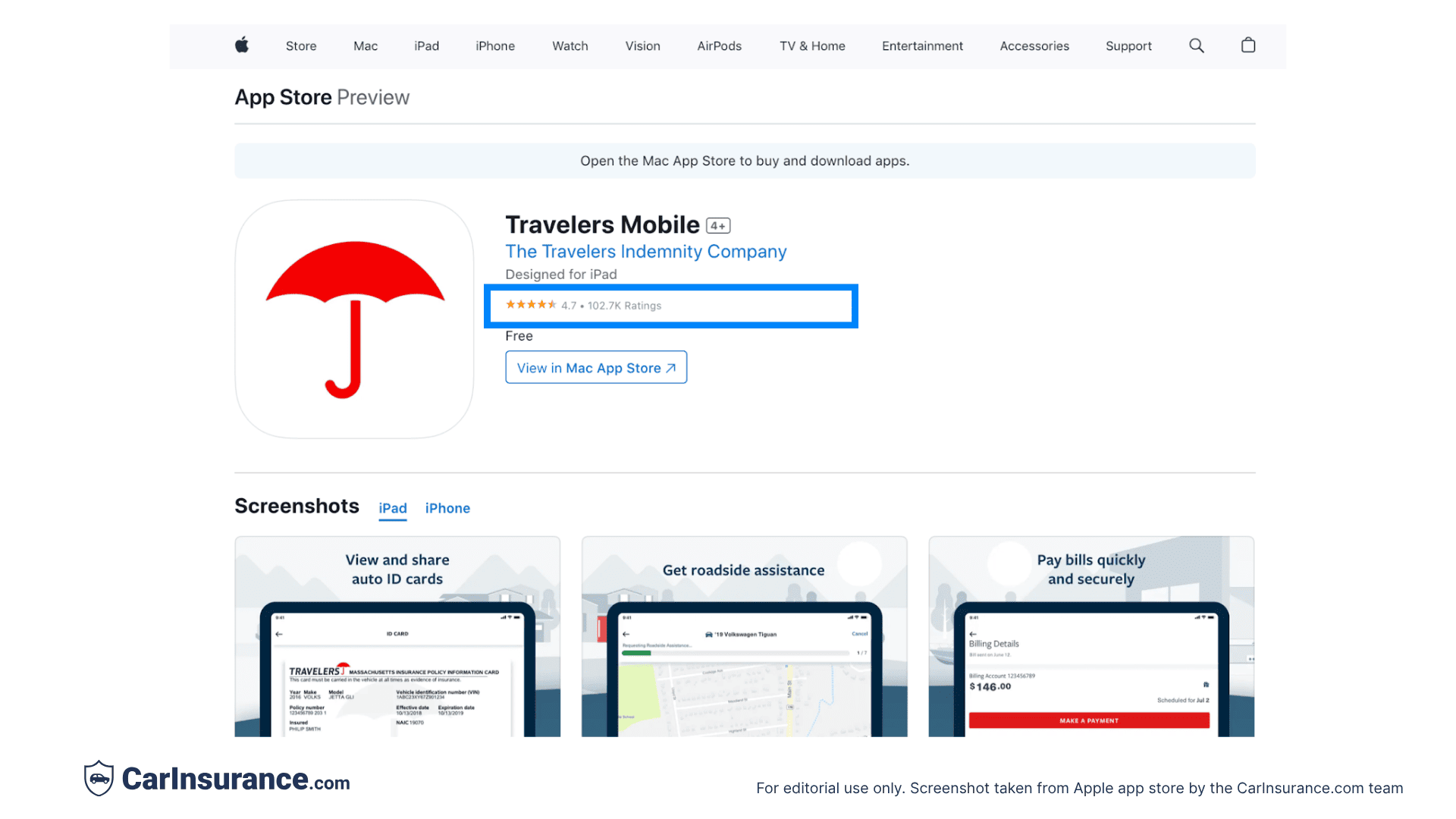 Screenshot showing Travelers Insurance app ratings and reviews on the Apple App Store