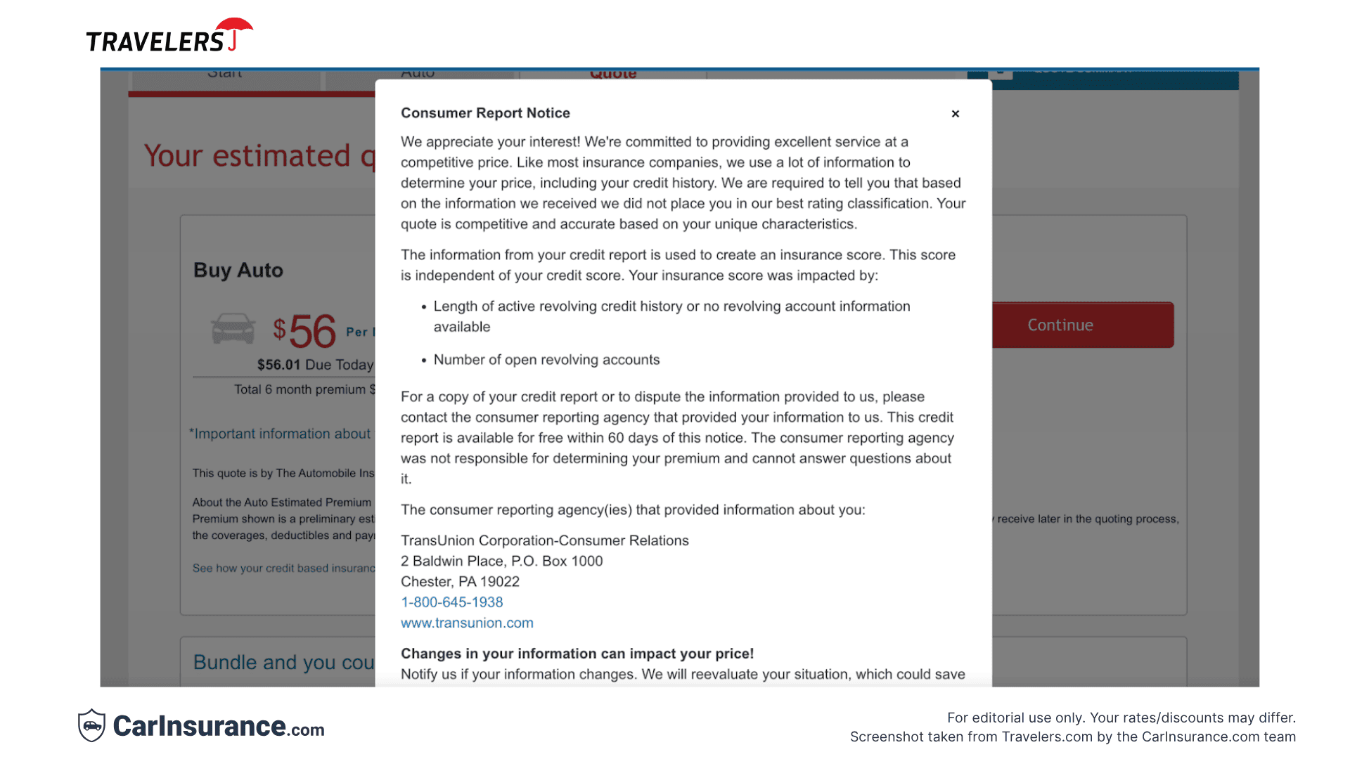 Screenshot from Travelers Insurance showing consumer report notice in the quote process