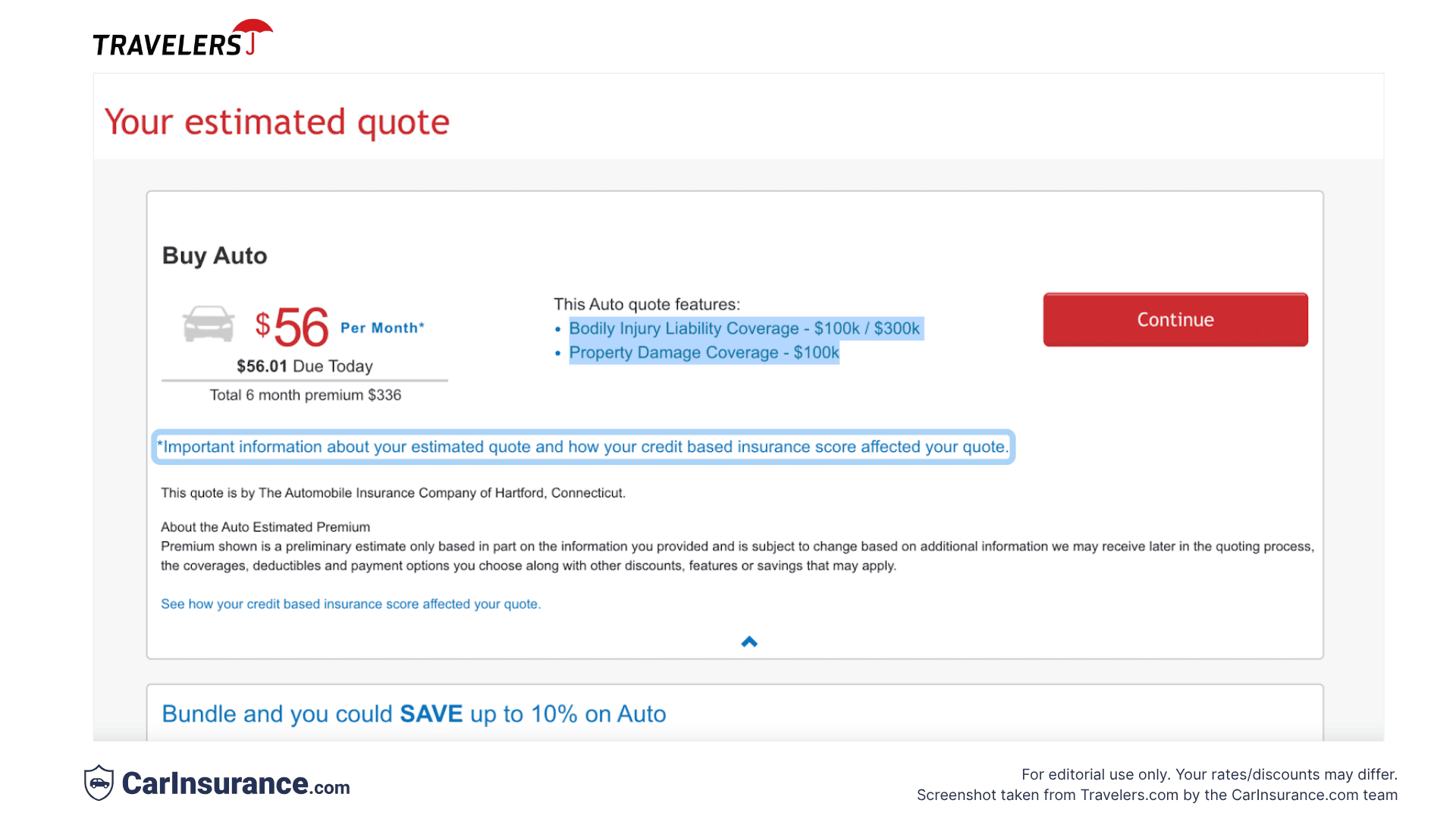 Screenshot from Travelers Insurance showing estimated quote results with default deductible settings