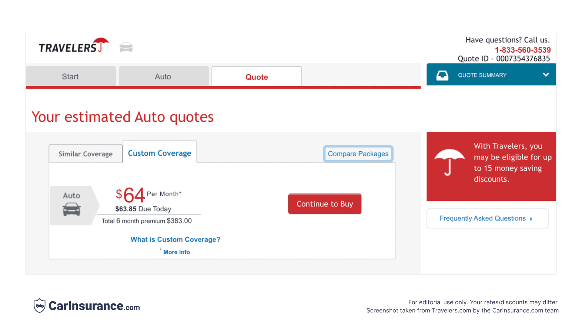 Screenshot from Travelers Insurance showing updated estimated quote after selecting a lower deductible