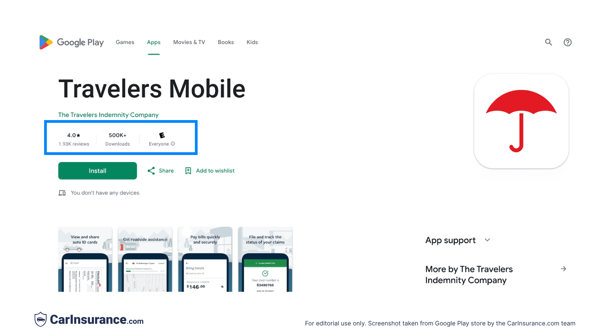 Screenshot showing Travelers Insurance app ratings and reviews on the Google Play Store