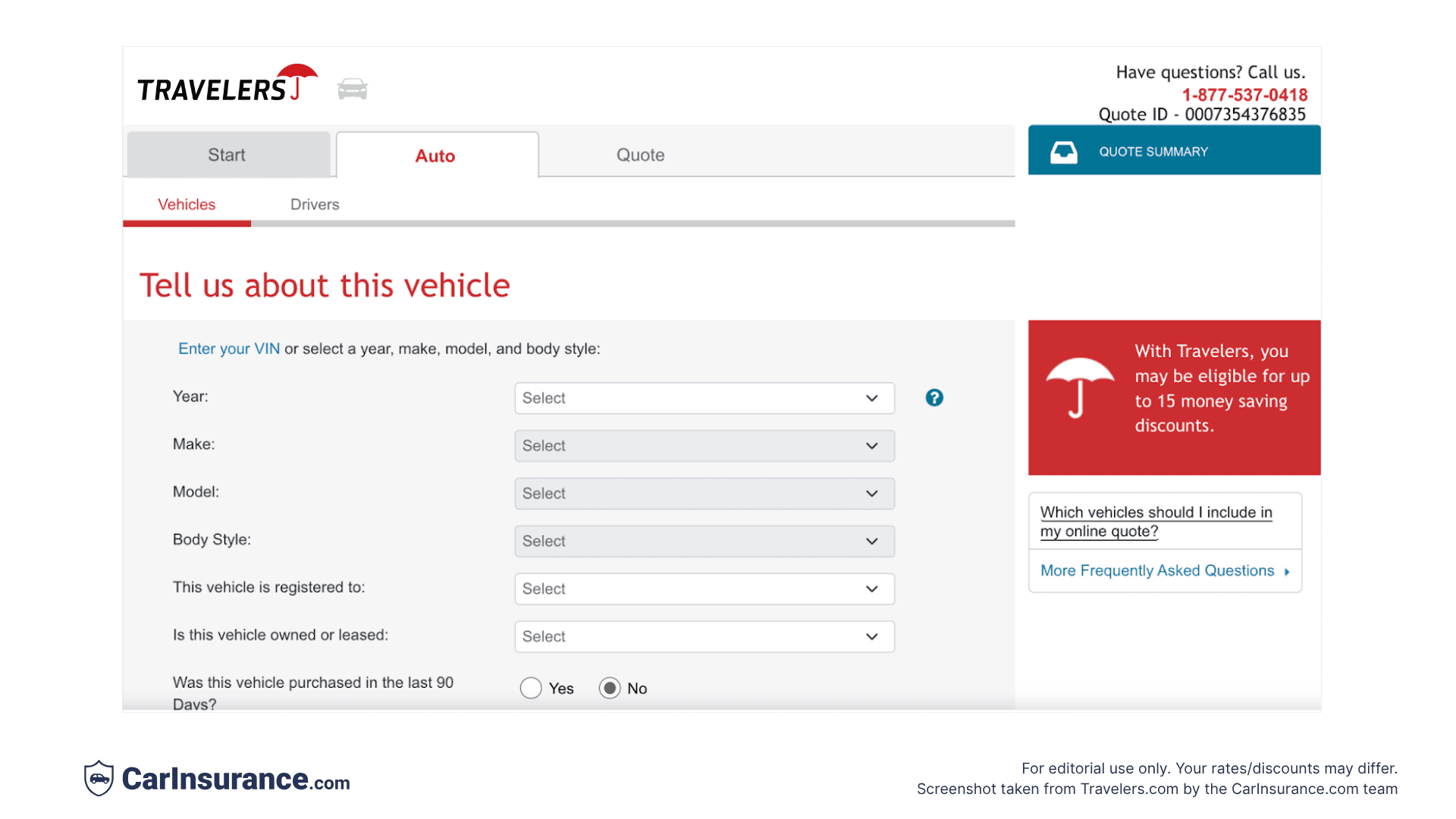 Screenshot from Travelers Insurance showing the step asking for vehicle details during the online quote process